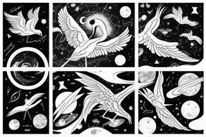 A crane flying thru the cosmos of space time tattoo idea