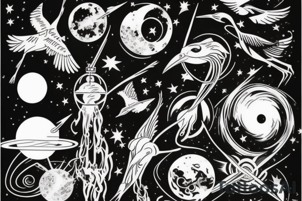 A crane flying thru the cosmos of space time tattoo idea