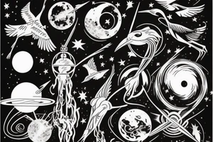 A crane flying thru the cosmos of space time tattoo idea