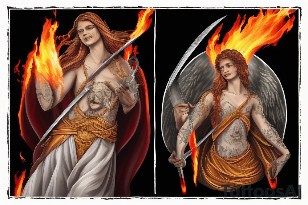 Flaming swords with an angel with the wordings No weapon that is formed against thee shall prosper; and every tongue that shall rise against thee in judgment thou shalt condemn. This is the heritage of the servants of the LORD, and their righteousness is of me, saith the LORD. tattoo idea