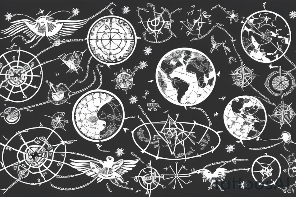 Constellation map with a map of north and south america in latino style tattoo idea
