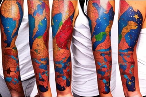 Constellation map with a map of north and south america in latino style tattoo idea