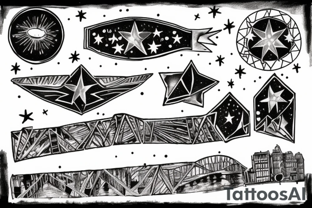 Bridge on a river with streetlights in the night with stars tattoo idea