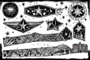 Bridge on a river with streetlights in the night with stars tattoo idea