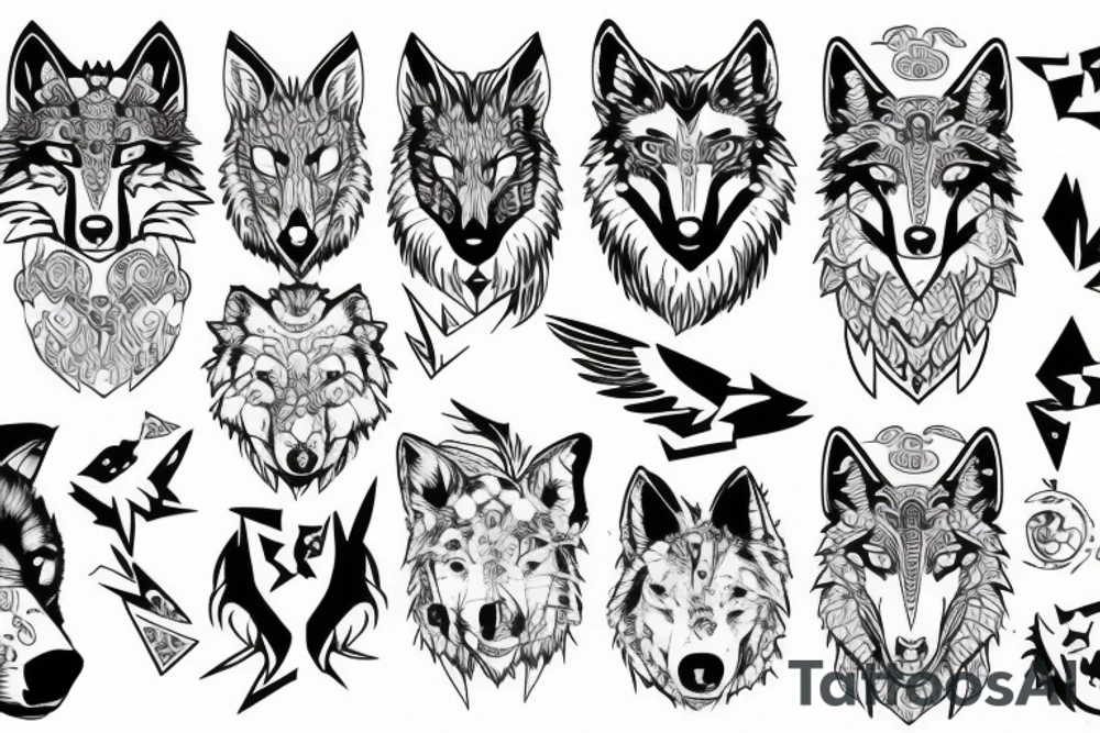 Line in the middle. On one side of the line there is a wolf and on the other side there is a wing tattoo idea