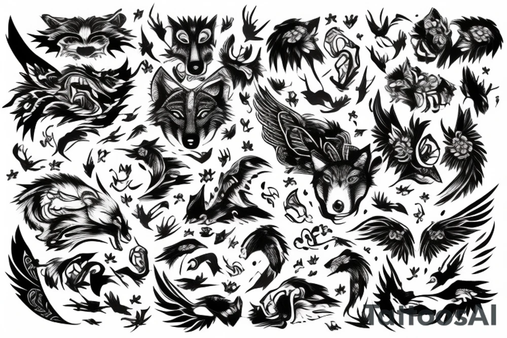 Line in the middle. On one side of the line there is a wolf and on the other side there is a wing tattoo idea