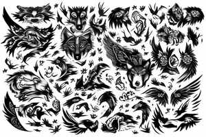 Line in the middle. On one side of the line there is a wolf and on the other side there is a wing tattoo idea