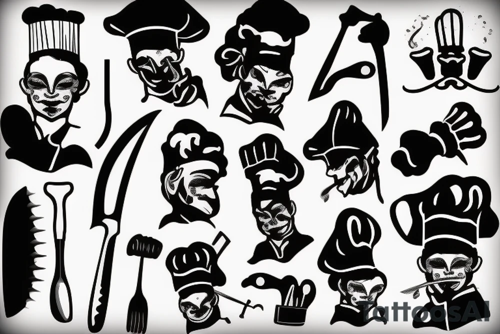 tattoo of a chef consisting of silhouette 
,knifes,a surface, kitchen plateand a gangster mask to be drawn on the back lower part of the arm tattoo idea