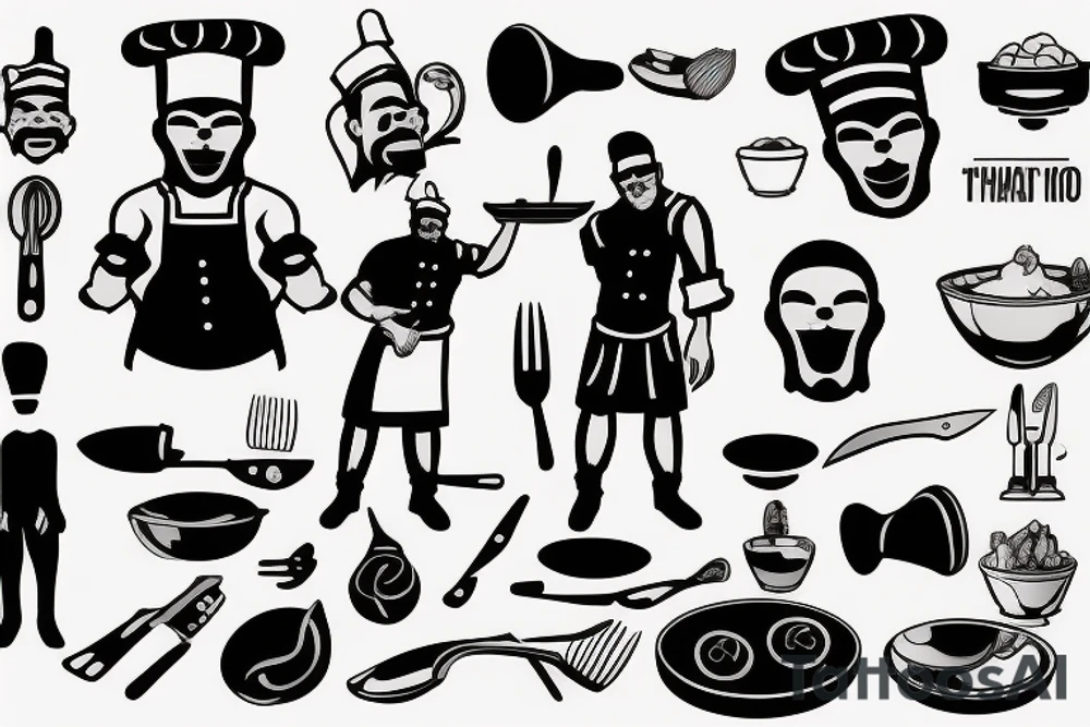 tattoo of a chef consisting of silhouette 
,knifes,a surface, kitchen plateand a gangster mask to be drawn on the back lower part of the arm tattoo idea