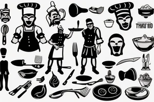 tattoo of a chef consisting of silhouette 
,knifes,a surface, kitchen plateand a gangster mask to be drawn on the back lower part of the arm tattoo idea