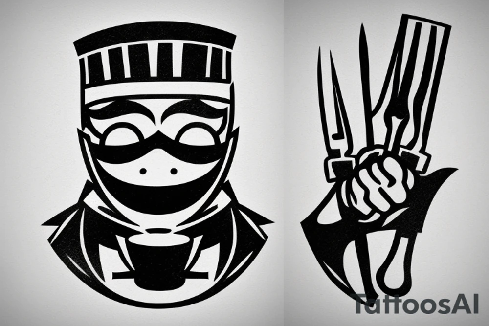 tattoo of a chef consisting of silhouette 
,knifes,a surface, kitchen plateand a gangster mask to be drawn on the back lower part of the arm tattoo idea