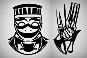 tattoo of a chef consisting of silhouette 
,knifes,a surface, kitchen plateand a gangster mask to be drawn on the back lower part of the arm tattoo idea