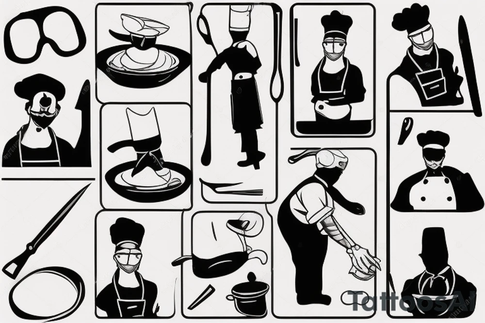 tattoo of a chef consisting of silhouette 
,knifes,a surface, kitchen plateand a gangster mask to be drawn on the back lower part of the arm tattoo idea