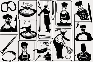 tattoo of a chef consisting of silhouette 
,knifes,a surface, kitchen plateand a gangster mask to be drawn on the back lower part of the arm tattoo idea
