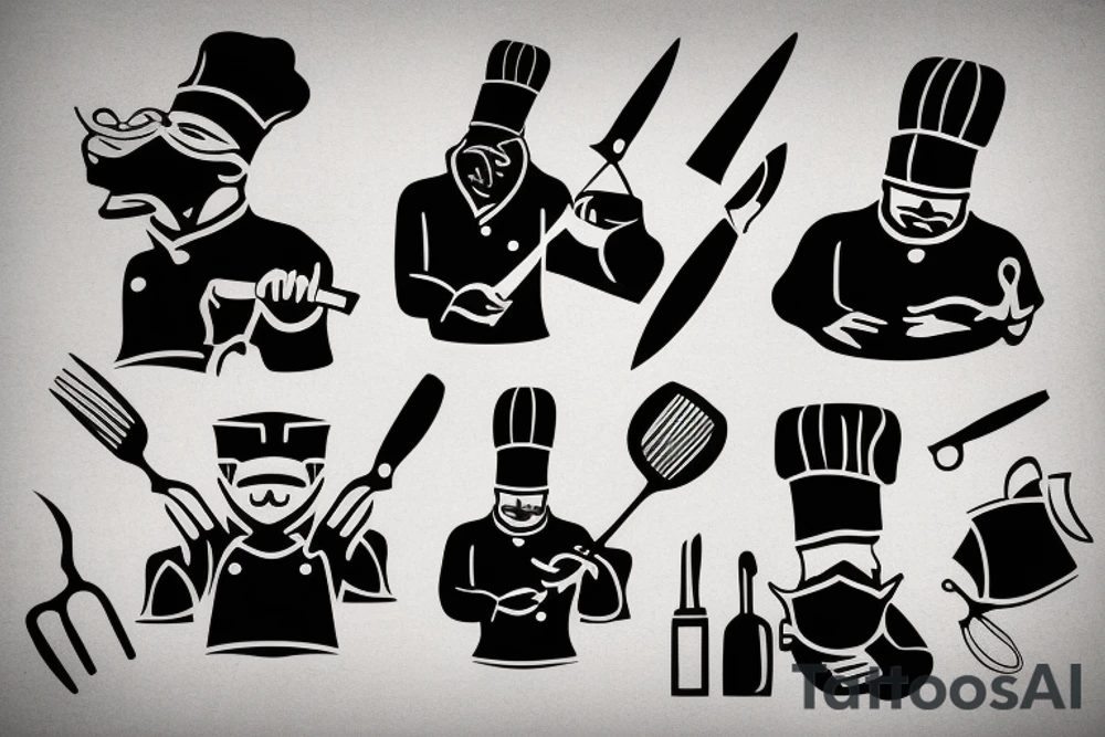 tattoo of a chef consisting of silhouette 
,knifes,a surface, kitchen plateand a gangster mask to be drawn on the back lower part of the arm tattoo idea