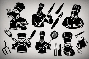 tattoo of a chef consisting of silhouette 
,knifes,a surface, kitchen plateand a gangster mask to be drawn on the back lower part of the arm tattoo idea