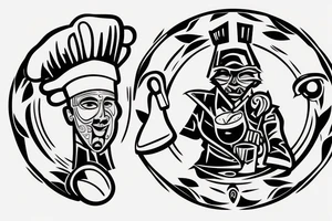 tattoo of a chef consisting of silhouette 
,knifes,a surface, kitchen plateand a gangster mask to be drawn on the back lower part of the arm tattoo idea