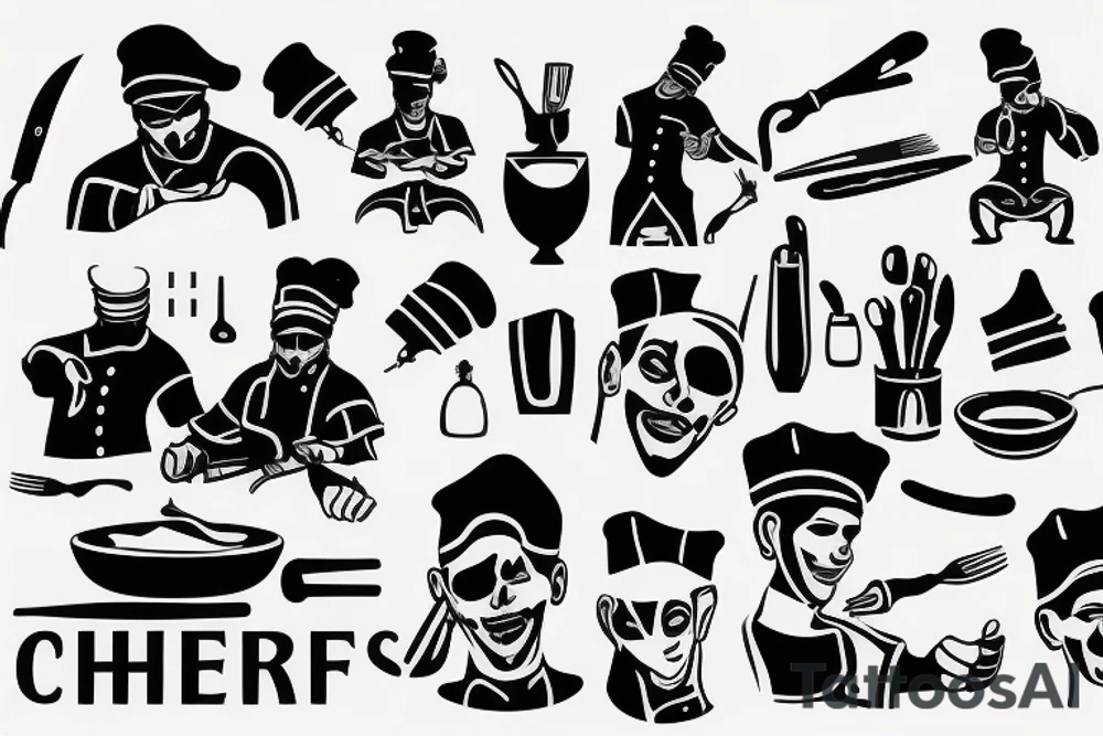 tattoo of a chef consisting of silhouette 
,knifes,a surface, kitchen plateand a gangster mask to be drawn on the back lower part of the arm tattoo idea