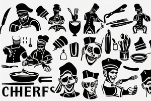 tattoo of a chef consisting of silhouette 
,knifes,a surface, kitchen plateand a gangster mask to be drawn on the back lower part of the arm tattoo idea