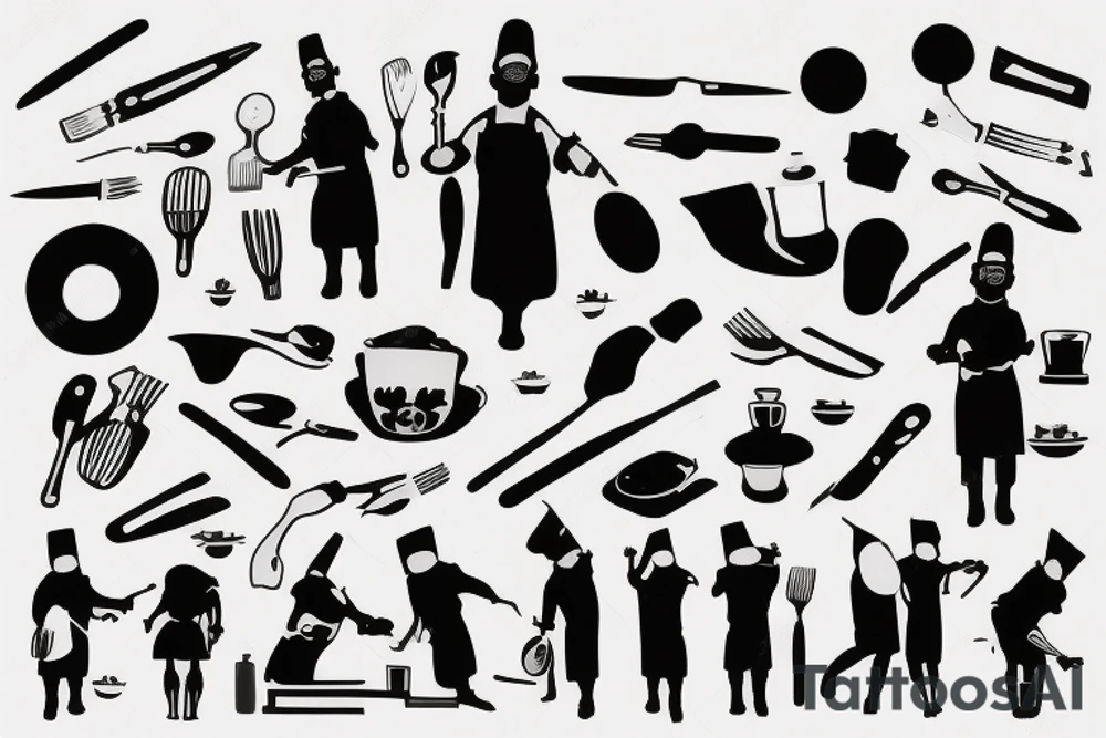 tattoo of a chef consisting of silhouette 
,knifes,a surface, kitchen plateand a gangster mask to be drawn on the back lower part of the arm tattoo idea