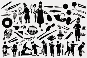 tattoo of a chef consisting of silhouette 
,knifes,a surface, kitchen plateand a gangster mask to be drawn on the back lower part of the arm tattoo idea