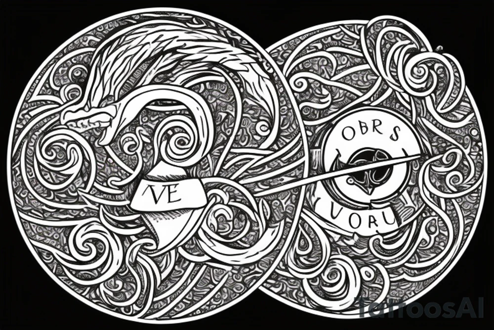 The words glorious and victorious written on a circular style with an ouroboros inside the circle tattoo idea