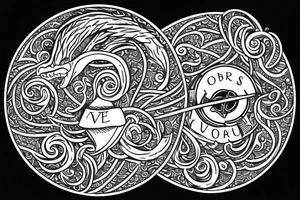 The words glorious and victorious written on a circular style with an ouroboros inside the circle tattoo idea