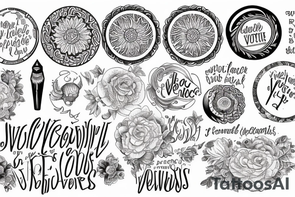 The words glorious and victorious written on a circular style tattoo idea
