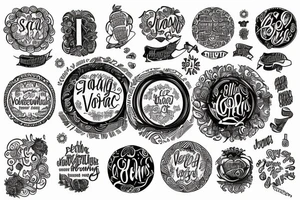 The words glorious and victorious written on a circular style tattoo idea
