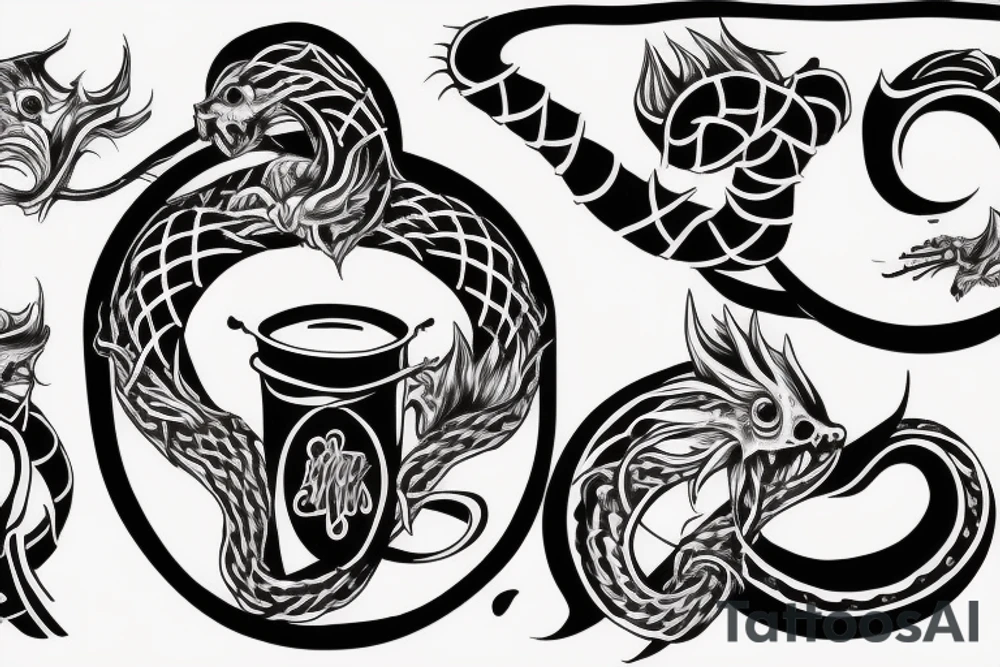 An ouroboros bleeding and the blood drops filling a cup tattoo idea