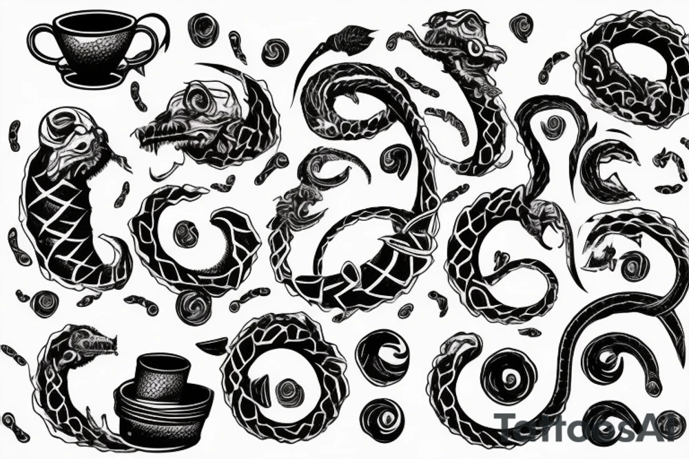 An ouroboros bleeding and the blood drops filling a cup tattoo idea