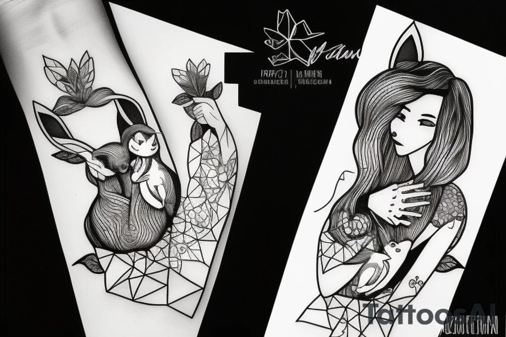 The woman holds a fluffy rabbit in her arms and presses it to her face. tattoo idea