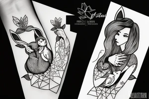 The woman holds a fluffy rabbit in her arms and presses it to her face. tattoo idea