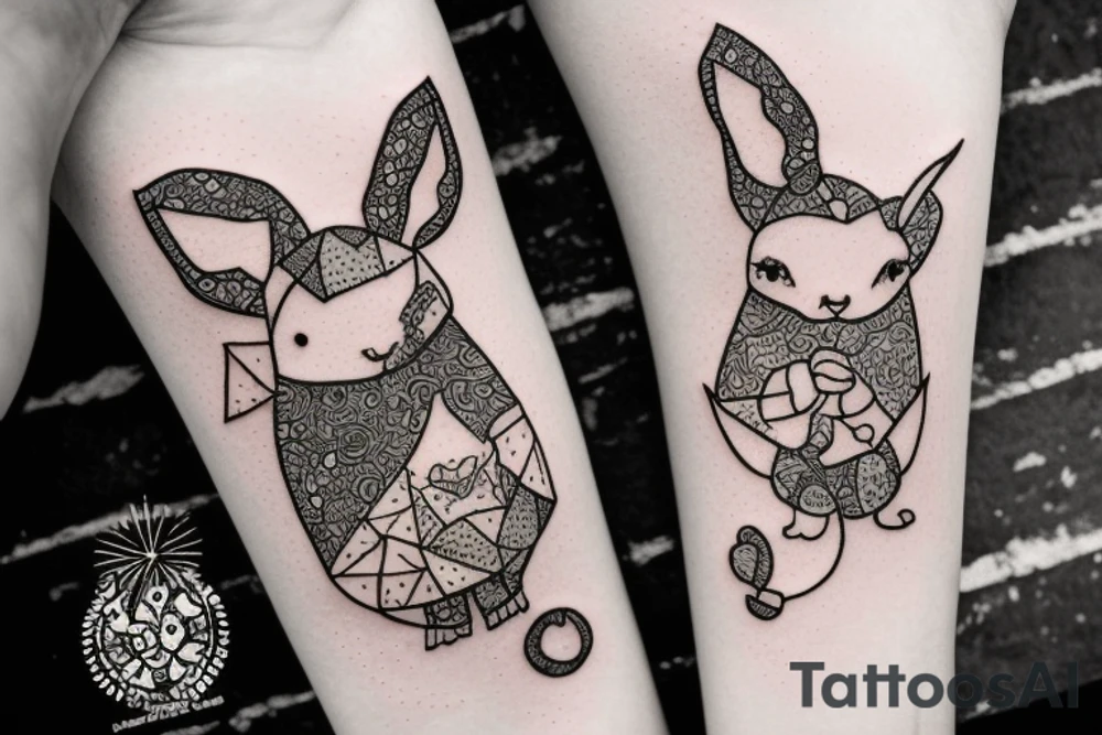 The woman holds a fluffy rabbit in her arms and presses it to her face. tattoo idea