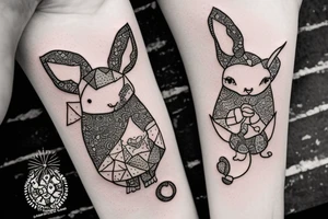 The woman holds a fluffy rabbit in her arms and presses it to her face. tattoo idea