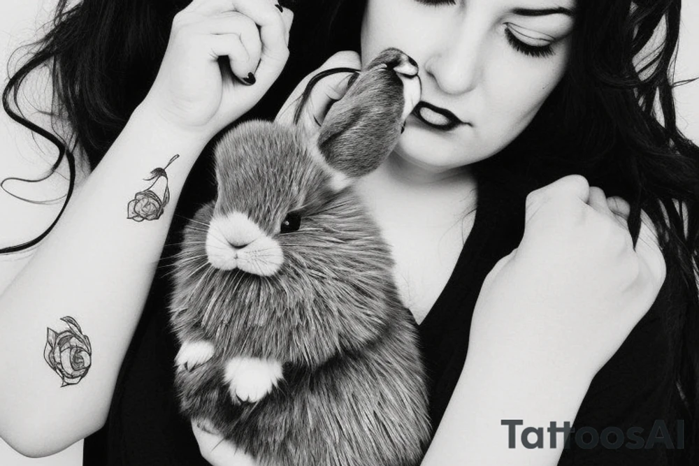 The woman holds a fluffy rabbit in her arms and presses it to her face. tattoo idea