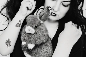 The woman holds a fluffy rabbit in her arms and presses it to her face. tattoo idea