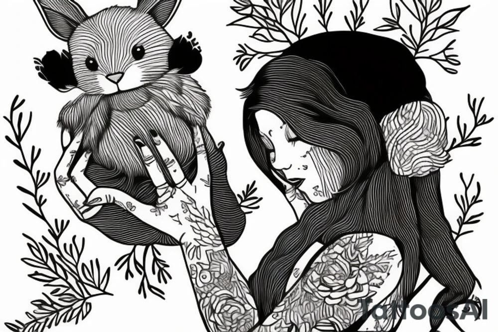 The woman holds a fluffy rabbit in her arms and presses it to her face. tattoo idea