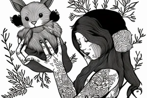 The woman holds a fluffy rabbit in her arms and presses it to her face. tattoo idea