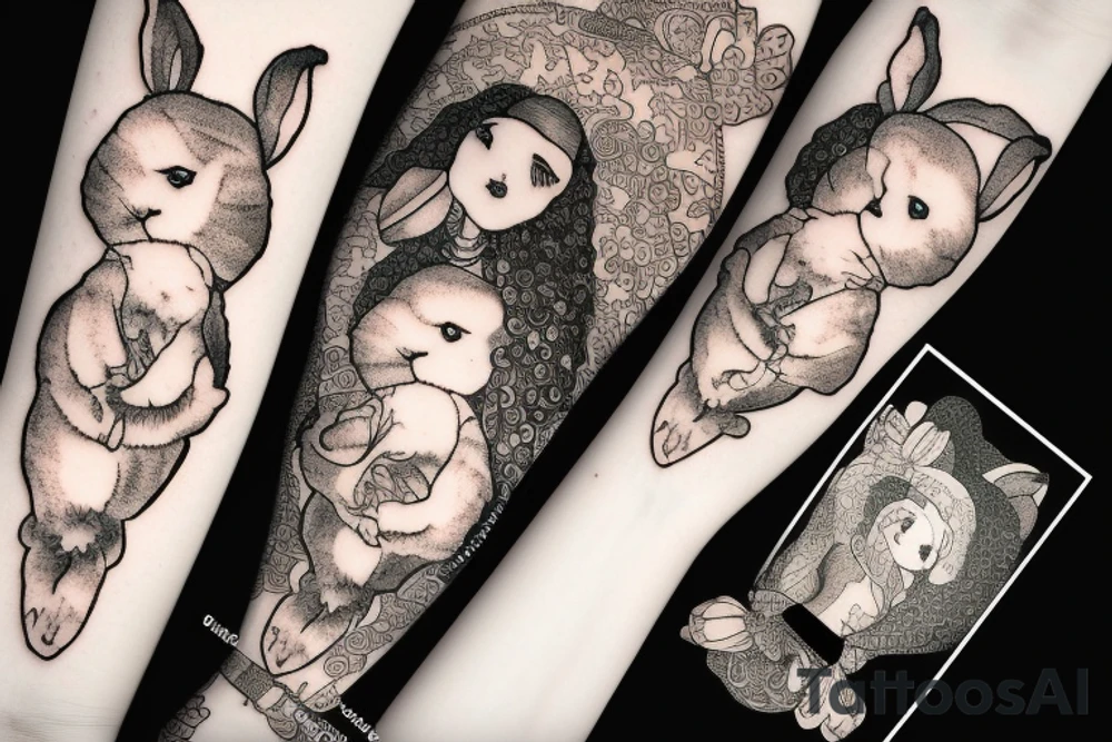 The woman holds a fluffy rabbit in her arms tattoo idea