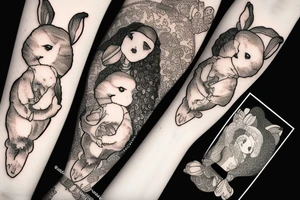 The woman holds a fluffy rabbit in her arms tattoo idea