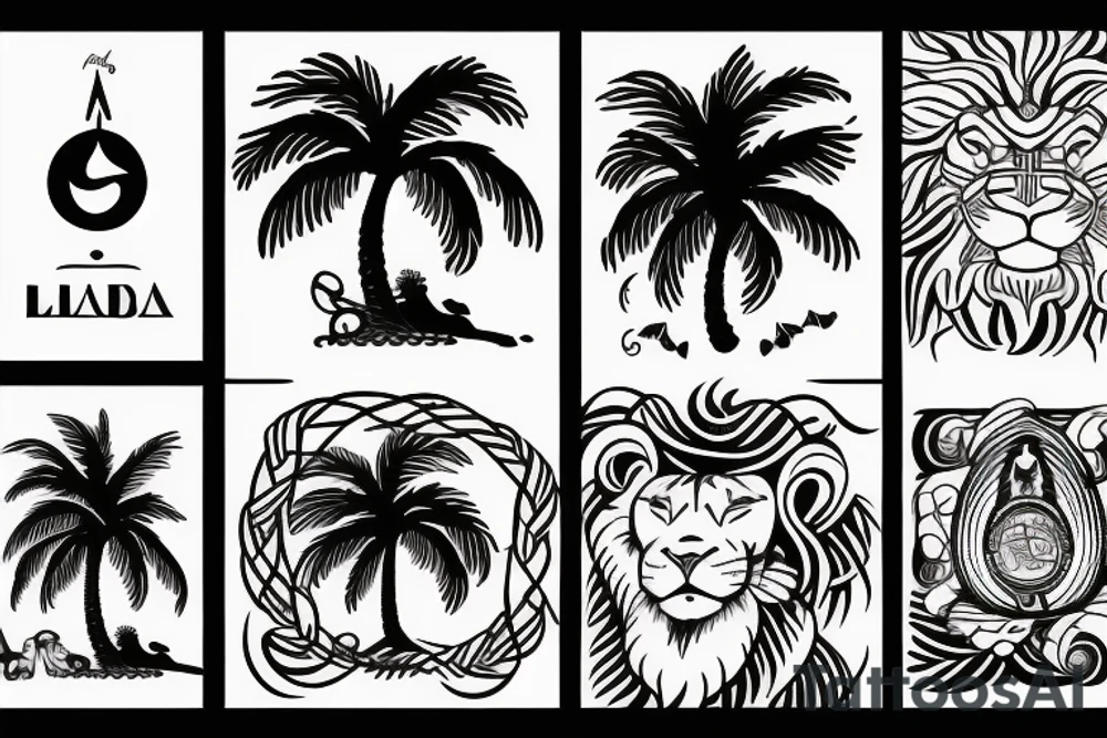 The sign of libra and lion, combined with palmtree and music and surfing a ships and graditude tattoo idea