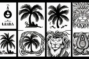 The sign of libra and lion, combined with palmtree and music and surfing a ships and graditude tattoo idea