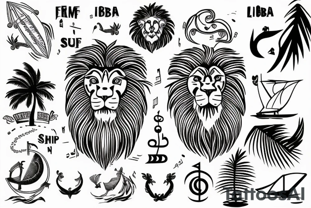 The sign of libra and lion, combined with palmtree and music and surfing a ships and graditude tattoo idea
