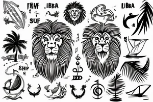 The sign of libra and lion, combined with palmtree and music and surfing a ships and graditude tattoo idea