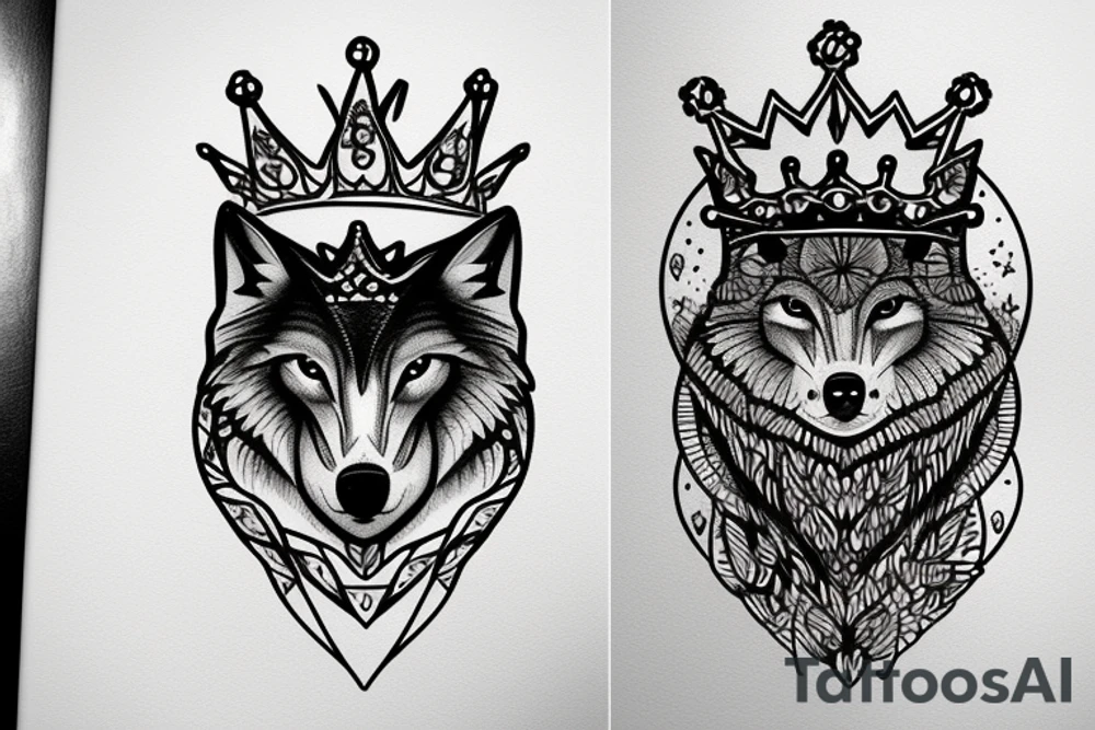 Wolf with a crown, howling at the moon, tattoo idea