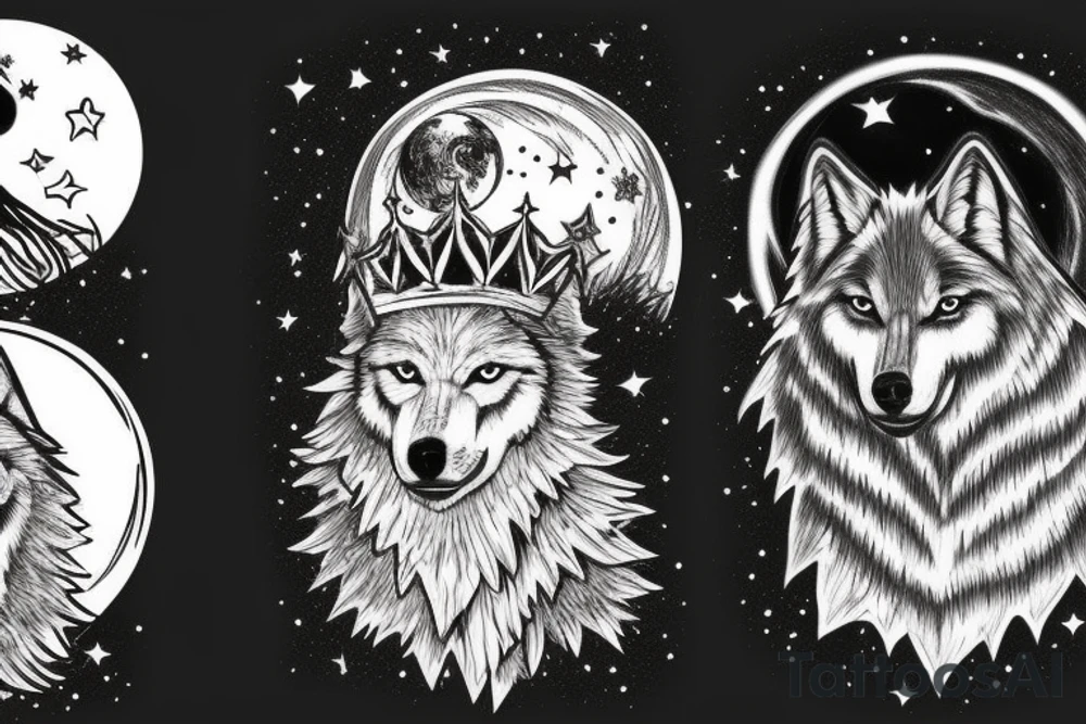 Wolf with a crown, howling at the moon, moon and stars tattoo idea