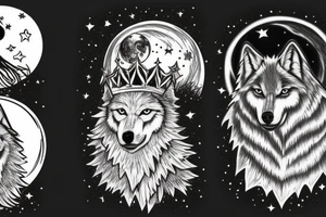 Wolf with a crown, howling at the moon, moon and stars tattoo idea