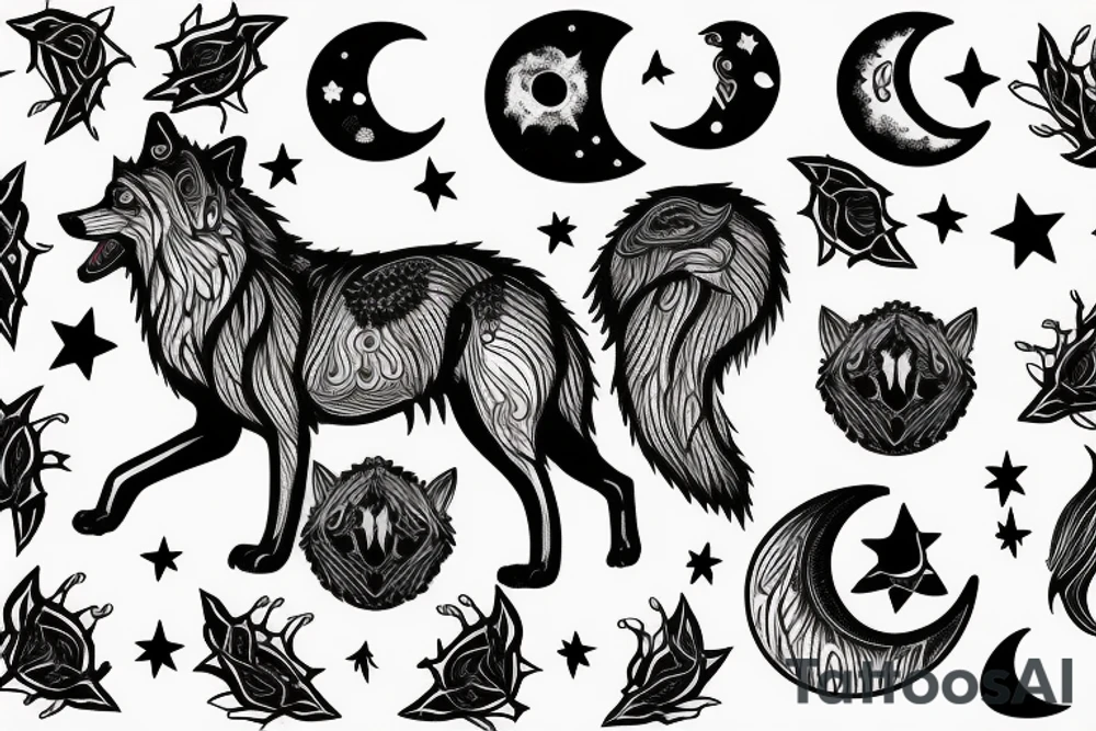 Wolf with a crown, howling at the moon, moon and stars tattoo idea
