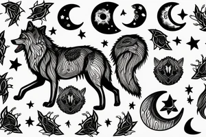 Wolf with a crown, howling at the moon, moon and stars tattoo idea